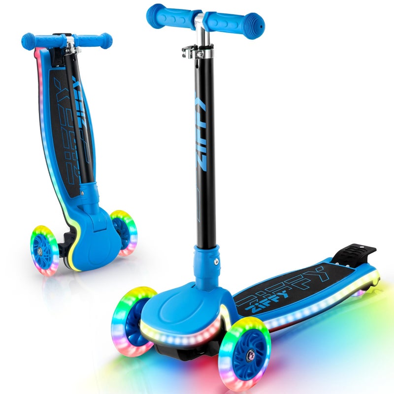 ZIFFY JOVA ZIFFY Kids Scooter for Boys & Girls Features LED Light-Up Wheels, 4 Adjustable Height Handlebars, and Lean-to-Steer Design with Anti-Slip Wide Surface for Stability - Up to 110LBS(Blue) - Image 1