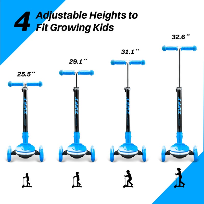 ZIFFY JOVA ZIFFY Kids Scooter for Boys & Girls Features LED Light-Up Wheels, 4 Adjustable Height Handlebars, and Lean-to-Steer Design with Anti-Slip Wide Surface for Stability - Up to 110LBS(Blue) - Image 4