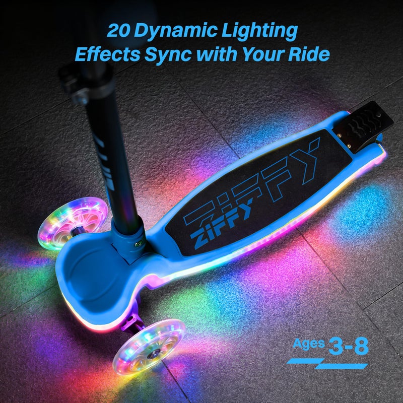 ZIFFY JOVA ZIFFY Kids Scooter for Boys & Girls Features LED Light-Up Wheels, 4 Adjustable Height Handlebars, and Lean-to-Steer Design with Anti-Slip Wide Surface for Stability - Up to 110LBS(Blue) - Image 2