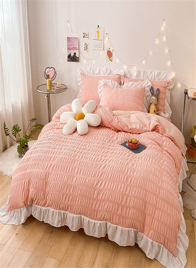 SOUKECHY Girls Pink Ruffled Bedding-3 Pieces Queen Seersucker Duvet Cover Textured Stripe Style, Soft Lightweight, Washed Microfiber, Zipper Closure and Ties - Image 2