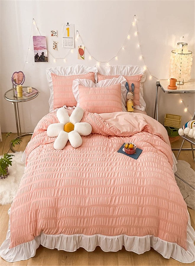 SOUKECHY Girls Pink Ruffled Bedding-3 Pieces Queen Seersucker Duvet Cover Textured Stripe Style, Soft Lightweight, Washed Microfiber, Zipper Closure and Ties - Image 1