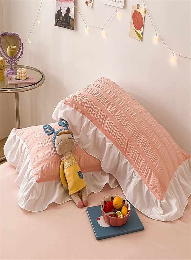SOUKECHY Girls Pink Ruffled Bedding-3 Pieces Queen Seersucker Duvet Cover Textured Stripe Style, Soft Lightweight, Washed Microfiber, Zipper Closure and Ties - Image 3