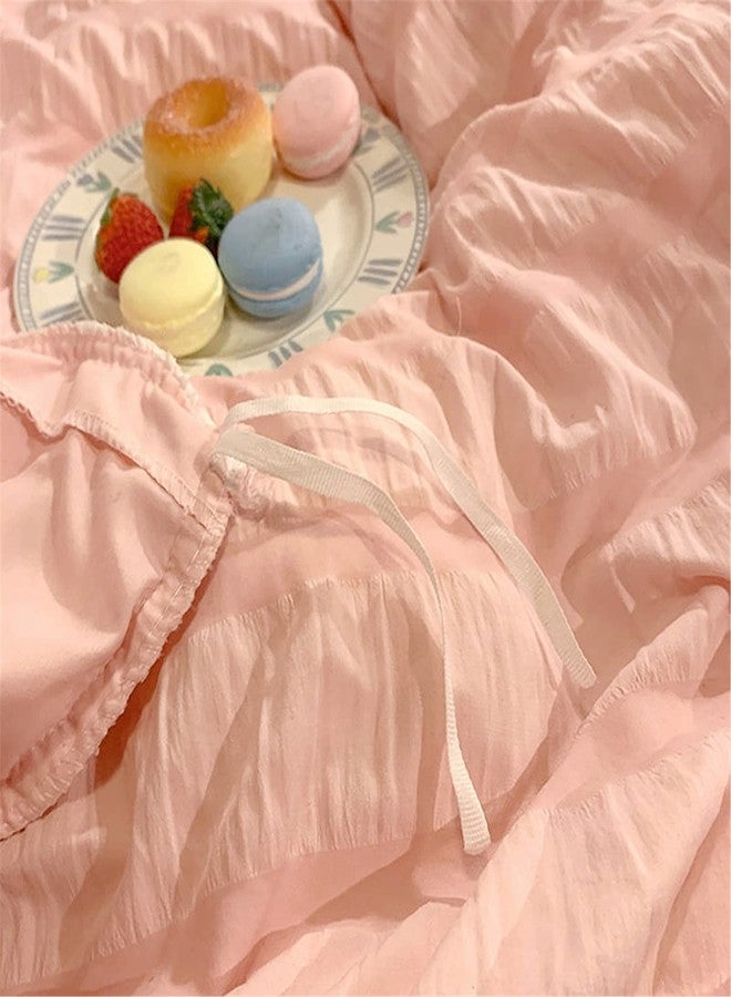 SOUKECHY Girls Pink Ruffled Bedding-3 Pieces Queen Seersucker Duvet Cover Textured Stripe Style, Soft Lightweight, Washed Microfiber, Zipper Closure and Ties - Image 4