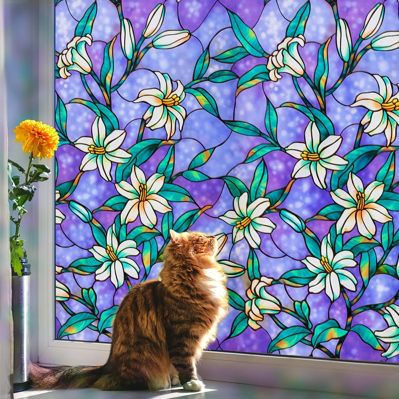 Coavas Decorative Window Privacy Film Heat Control Sun Blocking Stained Glass Window Film Floral Design Static Cling Non Adhesive Windows Tint for Bathroom Front DoorVinyl 236 x 787