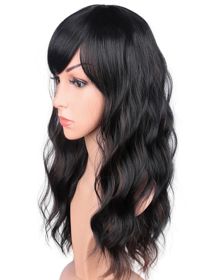SYMEIW Black Wavy Wig With Brown Highlights For Women - Medium Long Synthetic Wig With Bangs For Daily Use (Black With Brown Highlights) - Image 2