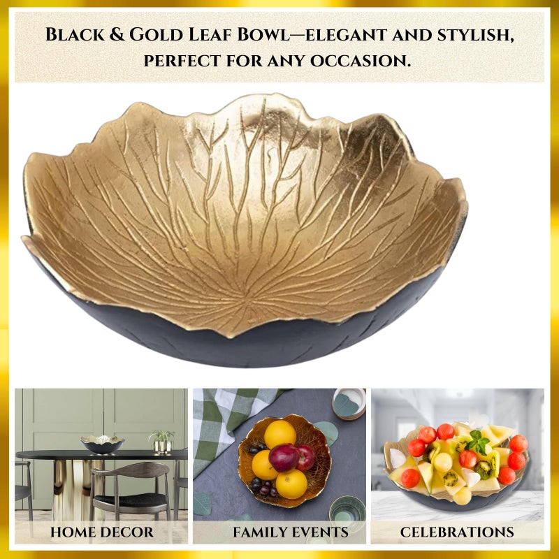 Gute Leaf Bowl for Serving Fruits, Appetizers - Black & Gold - Elegant Home Decor Centerpiece Serveware Charcuterie Catchall Vanity Dish For Entertaining, Wedding 9" D 3" H - Image 2