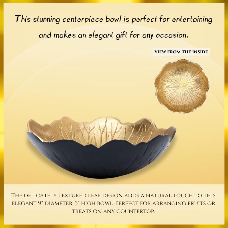 Gute Leaf Bowl for Serving Fruits, Appetizers - Black & Gold - Elegant Home Decor Centerpiece Serveware Charcuterie Catchall Vanity Dish For Entertaining, Wedding 9" D 3" H - Image 3