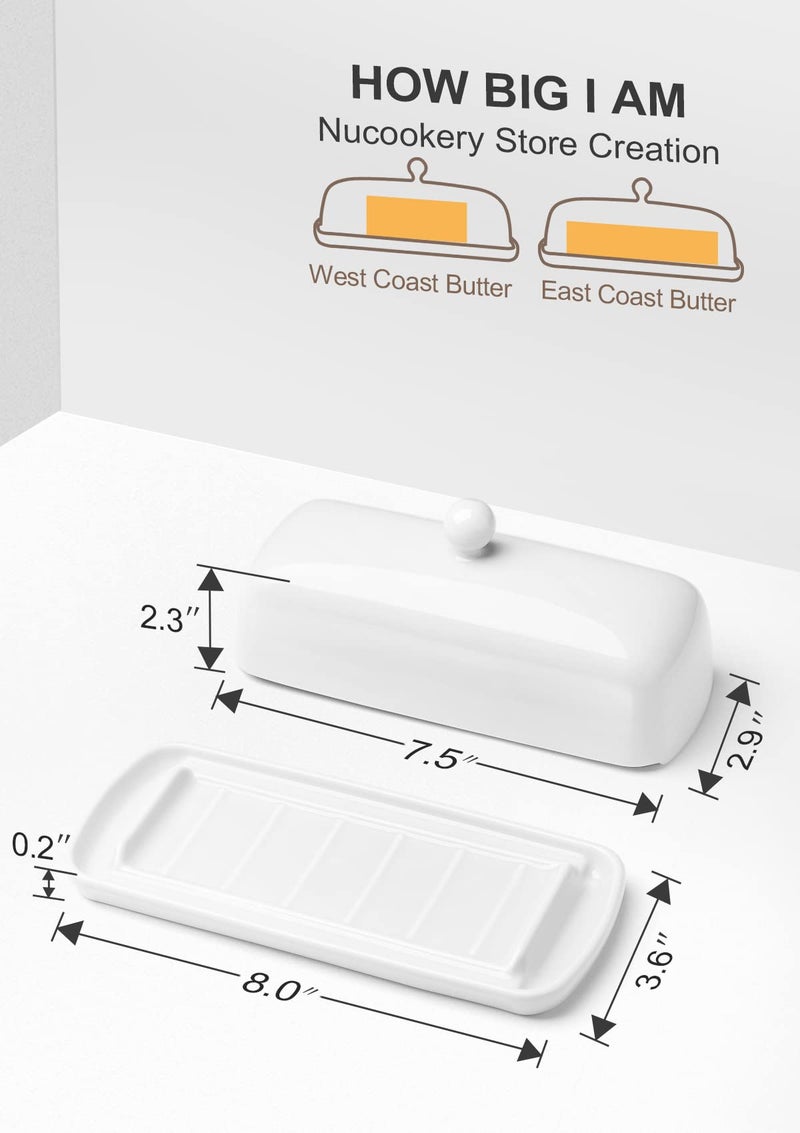 Nucookery Porcelain Butter Dish - Clean Table Design - Ceramic Butter Dishes with Lid for Countertop with Raised Non-Slip Strip - Holds 1 Standard Butter Stick - Easy to Clean & Dishwasher Safe. White - Image 3