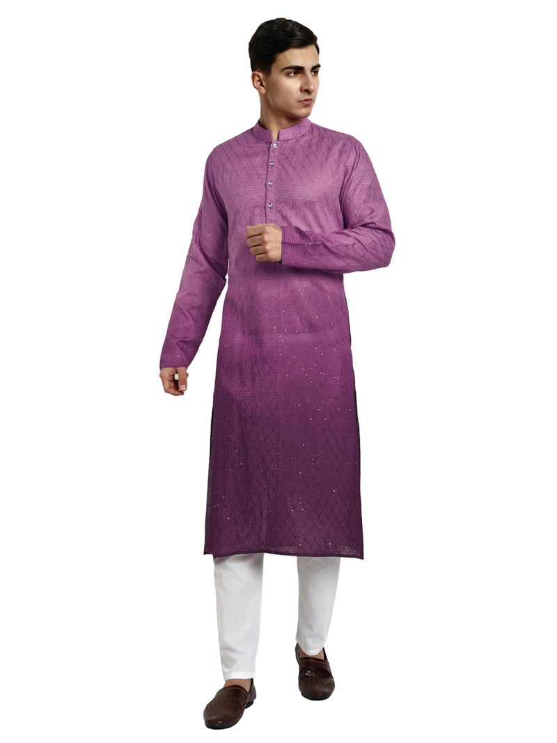Vardha Men's Cotton Chikankari Embroidered and Sequence Full Sleeve Knee Length Casual Kurta for All Occations Like Wedding, Office & Events (MK_37_XL_LK) Wine - Image 1