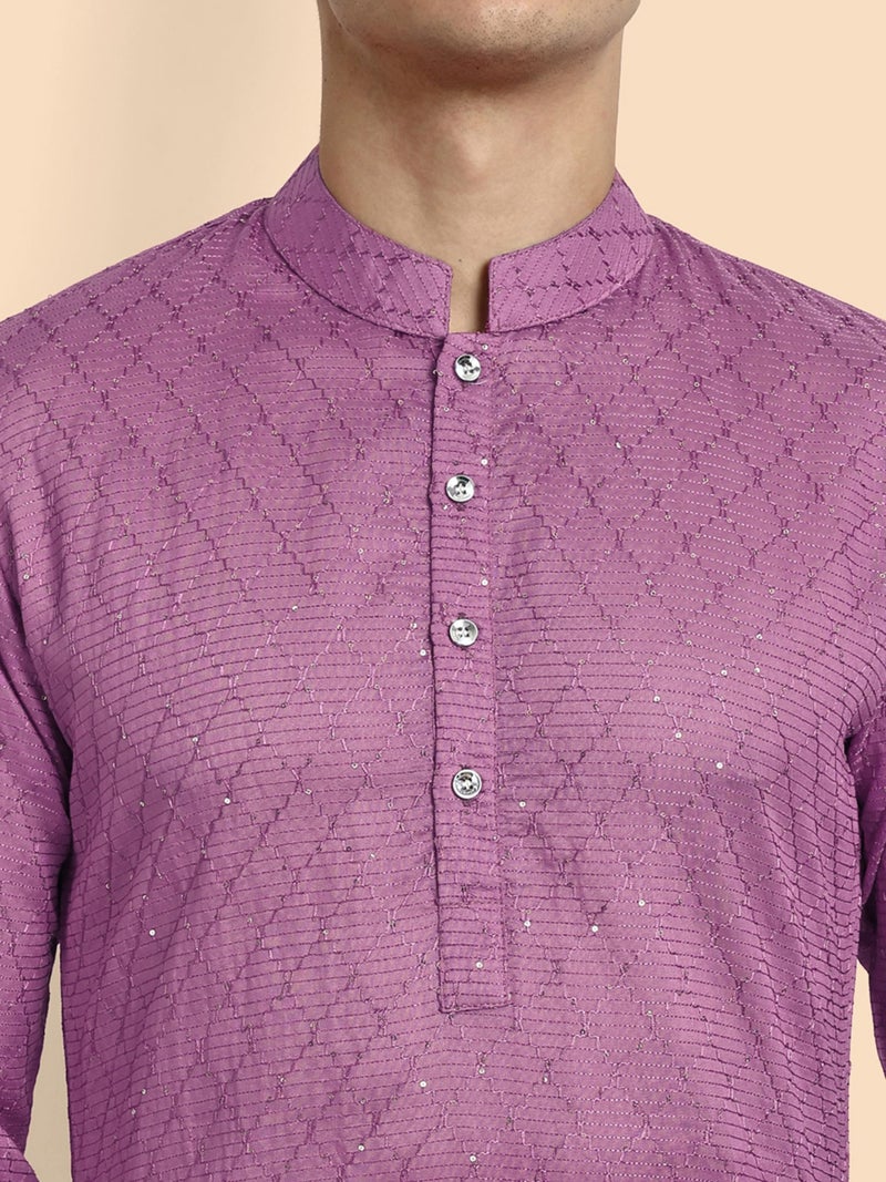 Vardha Men's Cotton Chikankari Embroidered and Sequence Full Sleeve Knee Length Casual Kurta for All Occations Like Wedding, Office & Events (MK_37_XL_LK) Wine - Image 4