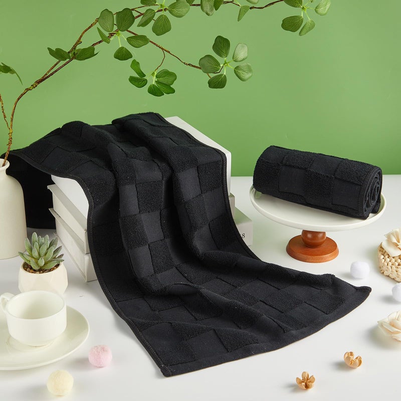 Bornerwhite 2 Pack 3D Checkered Bathroom Hand Towels 100% Cotton Soft Absorbent Decorative Soft Decorative Towel for Bathroom Home Cleaning Kitchen Gift 13.7x29.5 Inch (Black) - Image 3