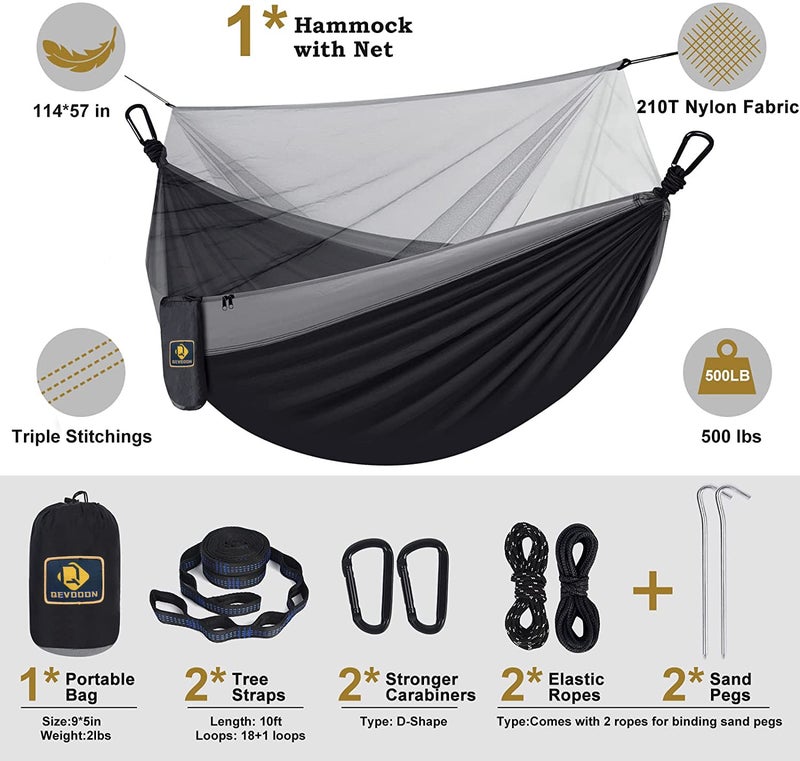 Qevooon Camping Hammock With Net Travel Portable Lightweight Hammocks With Tree Straps And Solid D-Shape Carabiners Parachute Nylon Hammock For Outsides Backpacking Beach Backyard Patio Hiking - Image 5