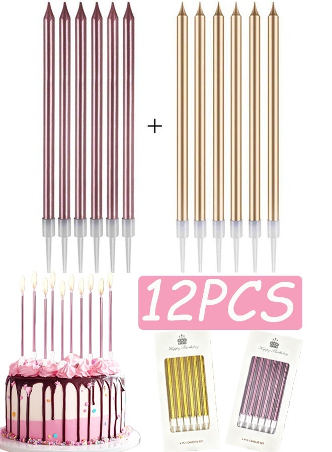 12 Pcs Electroplated Birthday Candles Set Biodegradable Long Thin Candles with Holders Gold and  Pink Party Candles for Birthday Cakes Cupcakes Baby Showers Kids’ Parties Anniversaries Festive Celebrations - Image 1