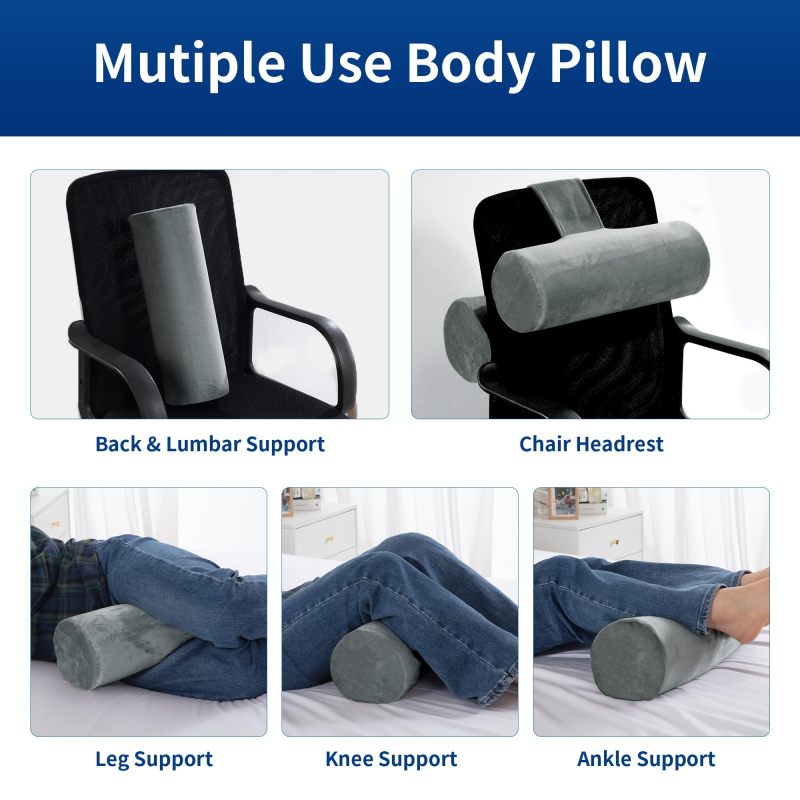 Body Pillow: Grey Cylindrical Memory Foam - Customized Support For Side And Back Sleepers, Adjustable Strap, Machine Washable Cover For Adults Seeking Restful Sleep And Targeted Support - Image 5
