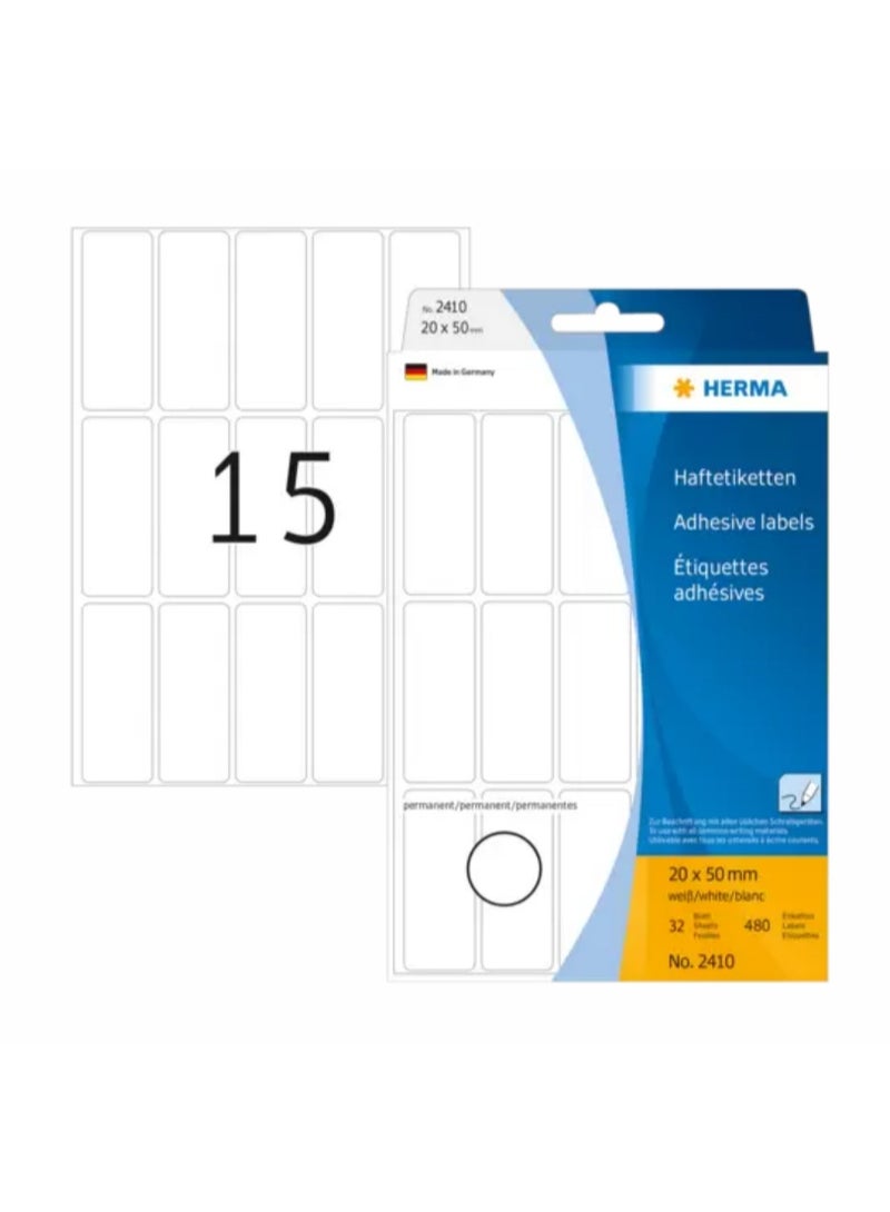 هيرما ملصقات متعددة الأغراض، 20 × 50 مم، بيضاء، التصاق دائم، للكتابة اليدوية - Image 1
