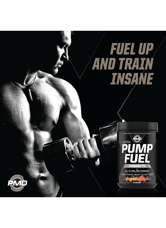 PMD - Sports Ultra Pump Fuel Insanity - Pre Workout Drink Mix for Energy, Strength, Endurance, Recovery - Complex Carbohydrates and Amino Energy - Miami Sunrise (30 Servings) - Image 1