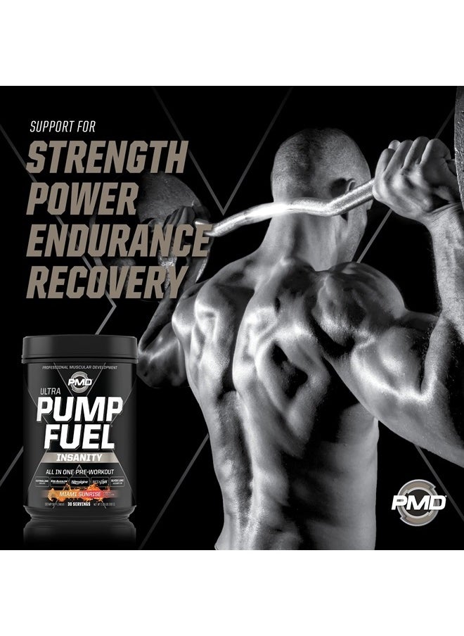 PMD - Sports Ultra Pump Fuel Insanity - Pre Workout Drink Mix for Energy, Strength, Endurance, Recovery - Complex Carbohydrates and Amino Energy - Miami Sunrise (30 Servings) - Image 1