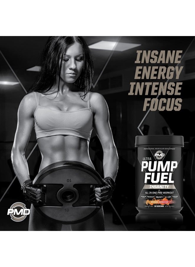 PMD - Sports Ultra Pump Fuel Insanity - Pre Workout Drink Mix for Energy, Strength, Endurance, Recovery - Complex Carbohydrates and Amino Energy - Miami Sunrise (30 Servings) - Image 1