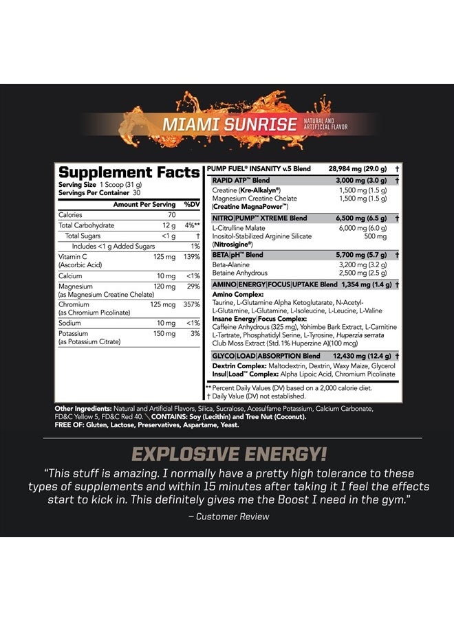 PMD - Sports Ultra Pump Fuel Insanity - Pre Workout Drink Mix for Energy, Strength, Endurance, Recovery - Complex Carbohydrates and Amino Energy - Miami Sunrise (30 Servings) - Image 1