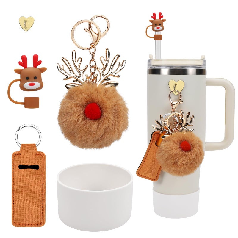 Stanley Cup Accessories Set Silicone Straw Cover Stanley Cup Boot Lipstick Holder Christmas Charms for 40oz 30oz Tumbler Christmas Brown Elk