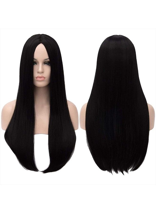 FVCENT 28" Long Straight Natural Black Women Wednesday Addams Costume Morticia Wig (Morticia) - Image 5