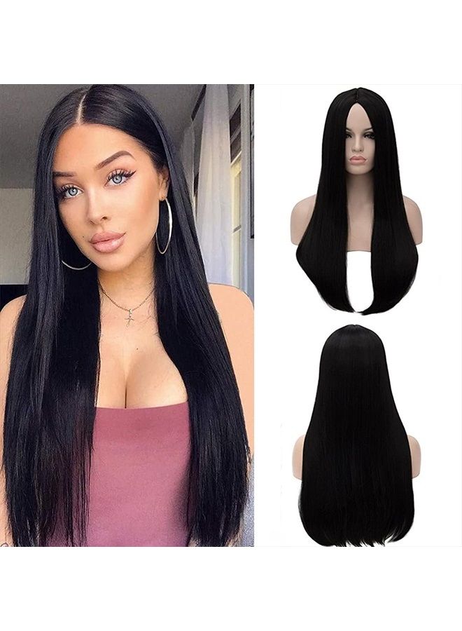 FVCENT 28" Long Straight Natural Black Women Wednesday Addams Costume Morticia Wig (Morticia) - Image 1
