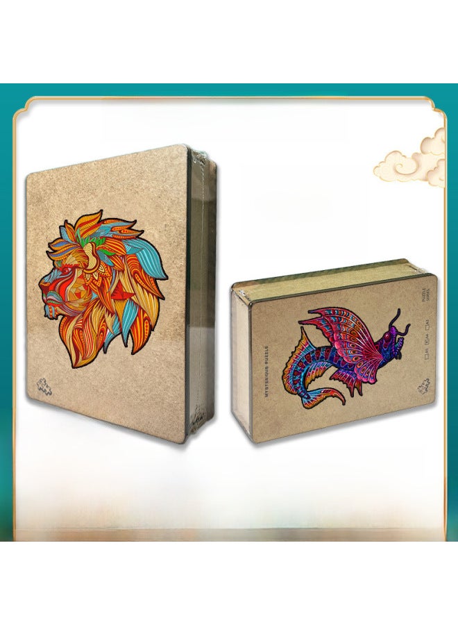 Beauenty Irregular 3D Animal Wooden Puzzle Toy Lion Fish Wolf-Color:[Wooden Box] Green And Purple Ring A5  - Image 1