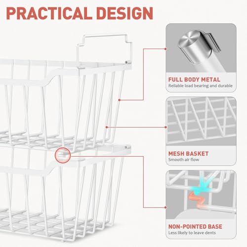 Goovilla Freezer Organizer Bins with Foldable Handle, 4 Pack Stackable Freezer Baskets for 3.5-7 Cu.FT Deep Chest Freezer Organization, White Metal Freezer Storage Bins with Better Space Utilization - Image 2