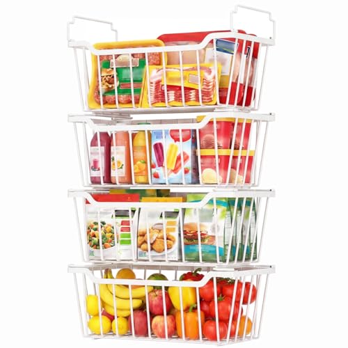 Goovilla Freezer Organizer Bins with Foldable Handle, 4 Pack Stackable Freezer Baskets for 3.5-7 Cu.FT Deep Chest Freezer Organization, White Metal Freezer Storage Bins with Better Space Utilization - Image 1