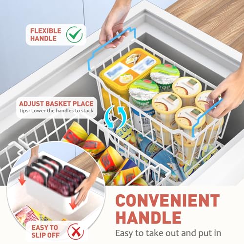 Goovilla Freezer Organizer Bins with Foldable Handle, 4 Pack Stackable Freezer Baskets for 3.5-7 Cu.FT Deep Chest Freezer Organization, White Metal Freezer Storage Bins with Better Space Utilization - Image 3