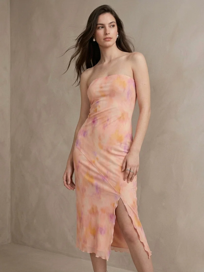 OUTZIDR  Multi Blurred Abstract Print Tube Midi Dress for Women | Best Price UAE