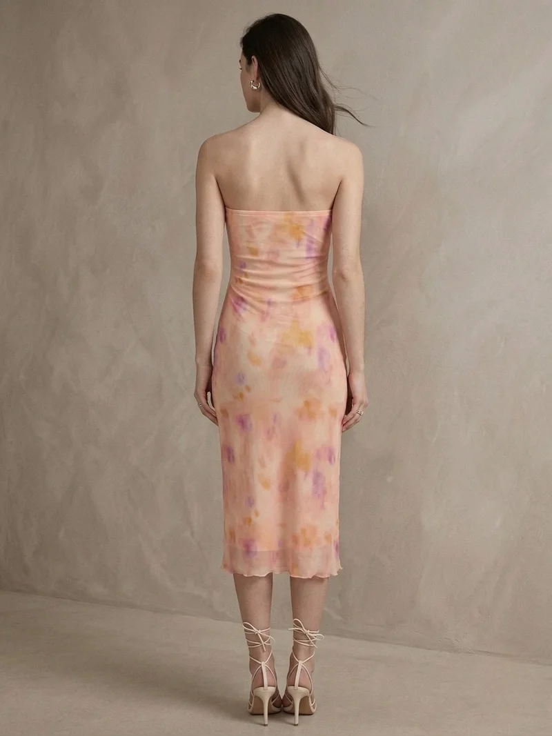 OUTZIDR  Multi Blurred Abstract Print Tube Midi Dress for Women | Best Price UAE