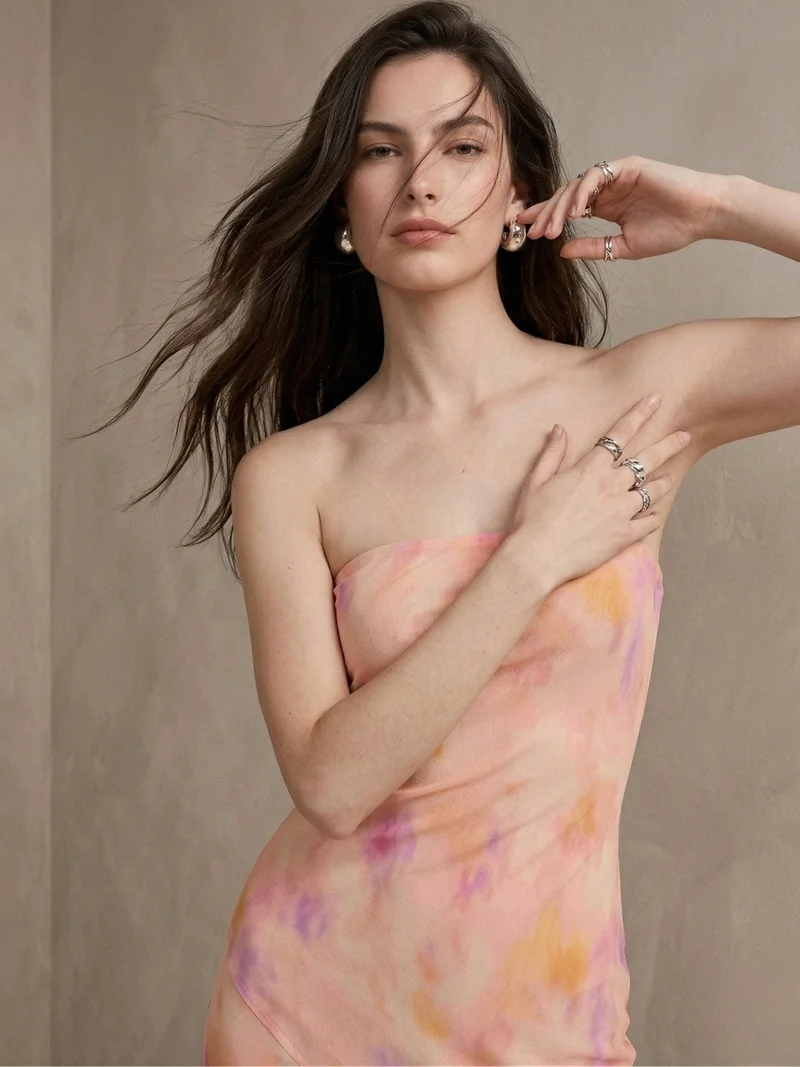 OUTZIDR  Multi Blurred Abstract Print Tube Midi Dress for Women | Best Price UAE