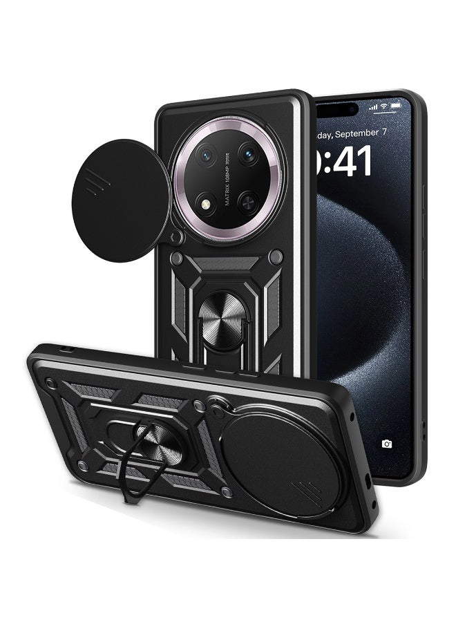 Honor X9c 5G Case Cover, Slide Camera Lens Cover + 360°Rotating Kickstand Ring + Support Magnetic Car Mount Shockproof Mobile Phone Case for Honor X9c 5G, Black - Image 1