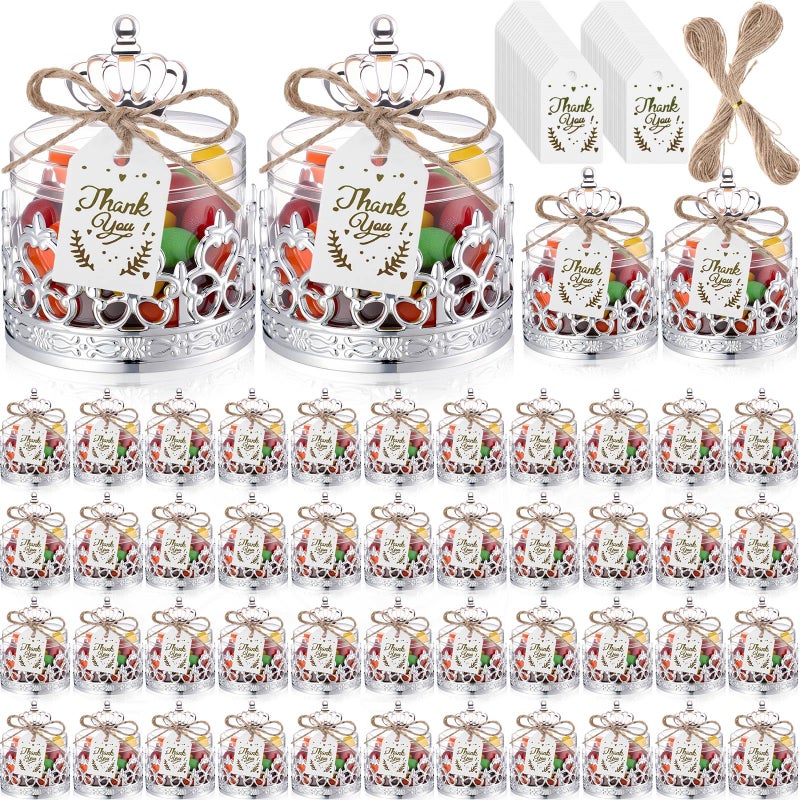 Jingmore صناديق حلوى صغيرة على شكل تاج من جينغمور 60 مجموعة مع بطاقات شكر وخيوط، حاويات حلوى بلاستيكية للتخزين، زخرفية لحفلات الزفاف، حفلات استقبال المواليد، حفلات عيد ميلاد الأميرات (فضي، تاج) - Image 1