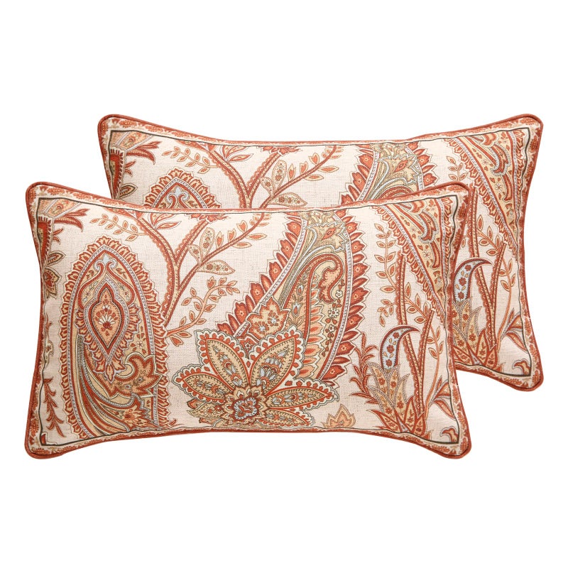 ISAENNE Design Linen Classic Vintage Throw Pillow Covers 12"x20" Pack of 2, Rectangle Cushion Covers with Orange Yellow Paisley Style Pattern Decor Pillowcases for Bed,Living Room,Outdoor,Car - Image 1