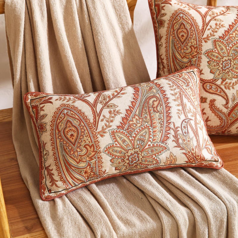 ISAENNE Design Linen Classic Vintage Throw Pillow Covers 12"x20" Pack of 2, Rectangle Cushion Covers with Orange Yellow Paisley Style Pattern Decor Pillowcases for Bed,Living Room,Outdoor,Car - Image 2