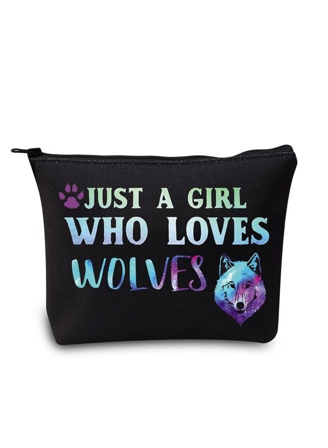 LEVLO Funny Wolf Cosmetic Bag Animal Lover Gift Just A Girl Who Loves Wolves Makeup Zipper Pouch Bag Wolf Lover Gift (Loves Wolves Black) - Image 1