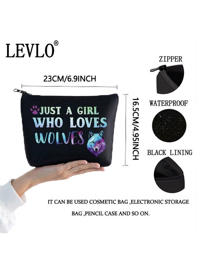 LEVLO Funny Wolf Cosmetic Bag Animal Lover Gift Just A Girl Who Loves Wolves Makeup Zipper Pouch Bag Wolf Lover Gift (Loves Wolves Black) - Image 2