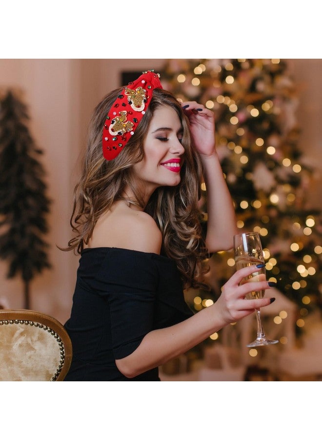 ان في اي ان اف عصابة رأس عيد الميلاد للنساء من الخرز على شكل شجرة عيد الميلاد على شكل رنة ندفة الثلج عصابة رأس مرصعة بالجواهر وأحجار الراين واللؤلؤ معقودة عصابة رأس إكسسوارات شعر لعطلة عيد الميلاد وحفلات الكريسماس (رنة 1 - أحمر) - Image 2