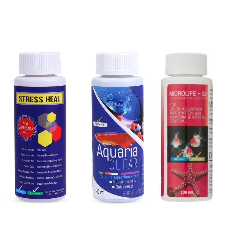 VAYINATO Aquatic Remedies Aquarium Fish Tank Must Have Starter Combo (Stress Heal + Aquaria Clear + Microlife S2) 3 * 100 Ml - 3 Pcs Combo Starter Pack - Image 1