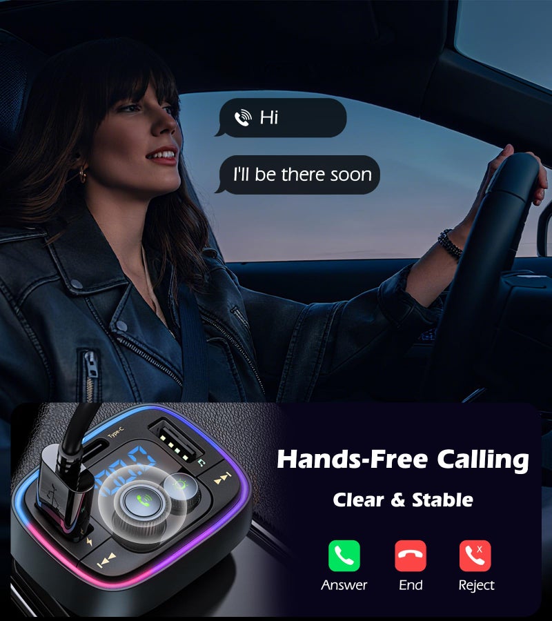 LIHAN محول السيارة بلوتوث 5.4 من LIHAN USB C، جهاز إرسال راديو FM لاسلكي، مكالمات بدون استخدام اليدين ومستقبل صوتي، مشغل موسيقى MP3، شحن سريع QC3.0 وType-C PD، إضاءة خلفية LED بـ 7 ألوان - Image 3