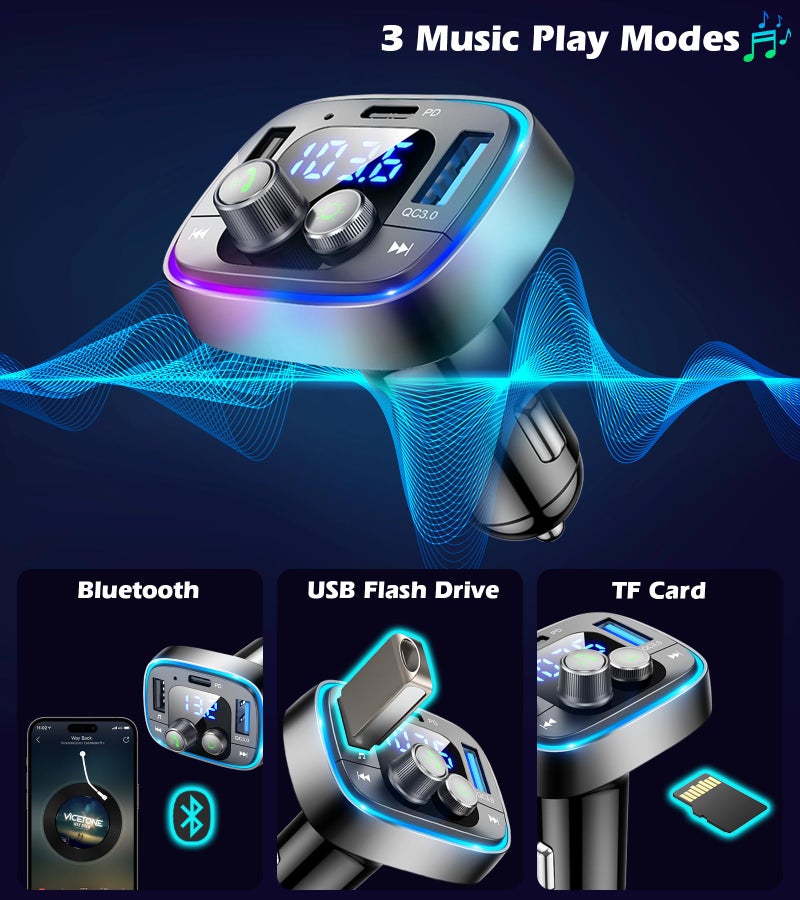 LIHAN محول السيارة بلوتوث 5.4 من LIHAN USB C، جهاز إرسال راديو FM لاسلكي، مكالمات بدون استخدام اليدين ومستقبل صوتي، مشغل موسيقى MP3، شحن سريع QC3.0 وType-C PD، إضاءة خلفية LED بـ 7 ألوان - Image 4