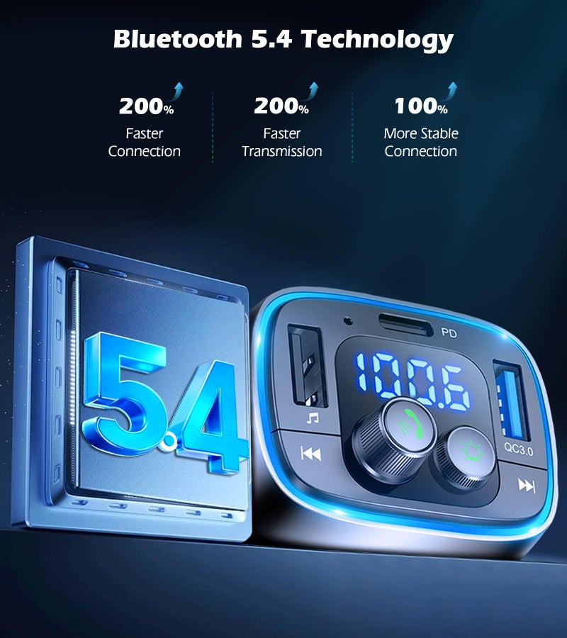 LIHAN محول السيارة بلوتوث 5.4 من LIHAN USB C، جهاز إرسال راديو FM لاسلكي، مكالمات بدون استخدام اليدين ومستقبل صوتي، مشغل موسيقى MP3، شحن سريع QC3.0 وType-C PD، إضاءة خلفية LED بـ 7 ألوان - Image 5