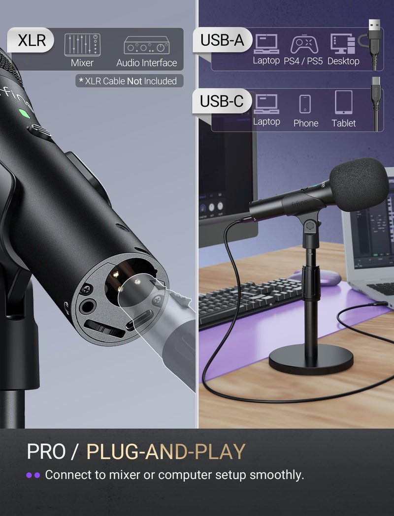 FIFINE USB/XLR Dynamic Microphone for Podcast Recording, Studio Handheld Mic Set with Desktop Stand for Vocal, Voice Over, Streaming, Black-AmpliTank TANK2 - Image 3