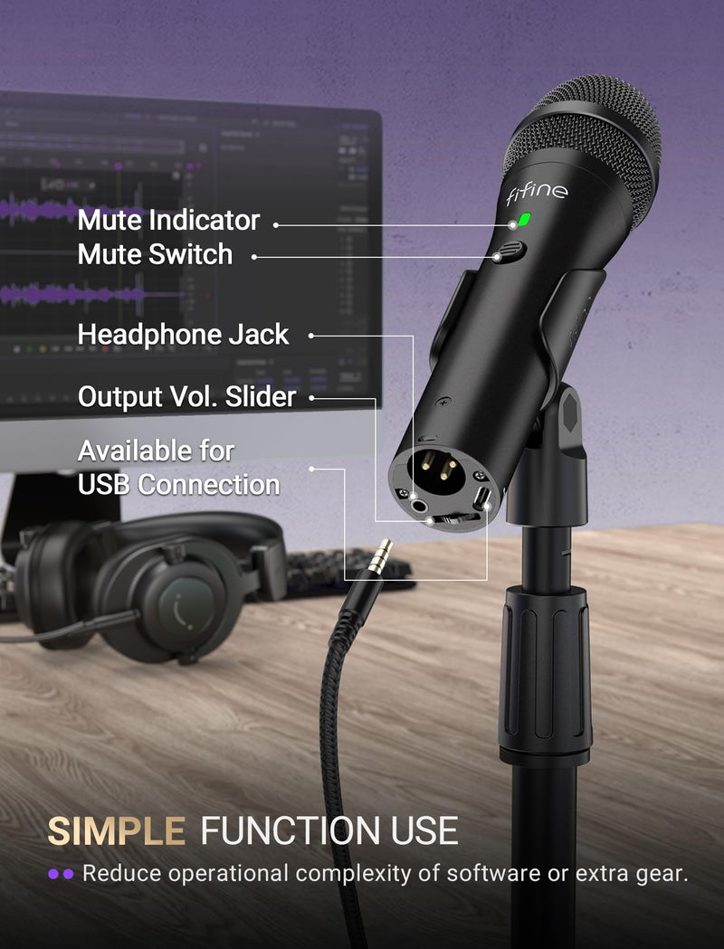 FIFINE USB/XLR Dynamic Microphone for Podcast Recording, Studio Handheld Mic Set with Desktop Stand for Vocal, Voice Over, Streaming, Black-AmpliTank TANK2 - Image 4