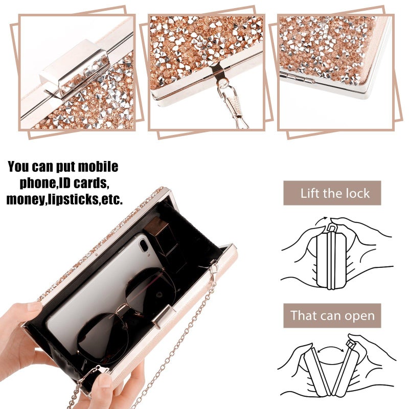 Kigeli 4 Pieces Women Rhinestone Evening Clutch Bag Bling Earring Necklace Bracelet for Wedding Graduation Prom(Rose Gold) - Image 4