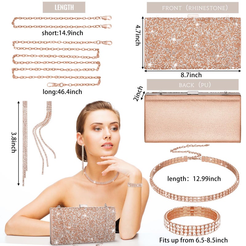 Kigeli 4 Pieces Women Rhinestone Evening Clutch Bag Bling Earring Necklace Bracelet for Wedding Graduation Prom(Rose Gold) - Image 2
