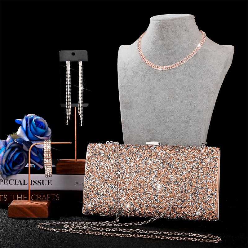 Kigeli 4 Pieces Women Rhinestone Evening Clutch Bag Bling Earring Necklace Bracelet for Wedding Graduation Prom(Rose Gold) - Image 3