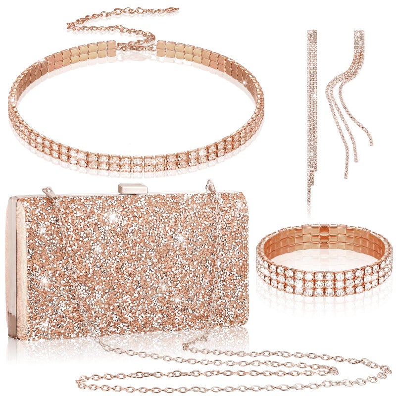 Kigeli 4 Pieces Women Rhinestone Evening Clutch Bag Bling Earring Necklace Bracelet for Wedding Graduation Prom(Rose Gold) - Image 1